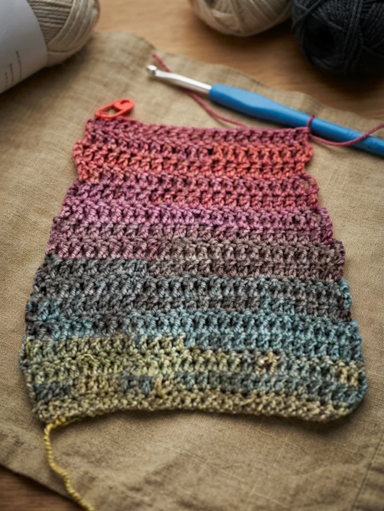 A multicolored crochet swatch in progress with a blue-handled hook and a red stitch marker.