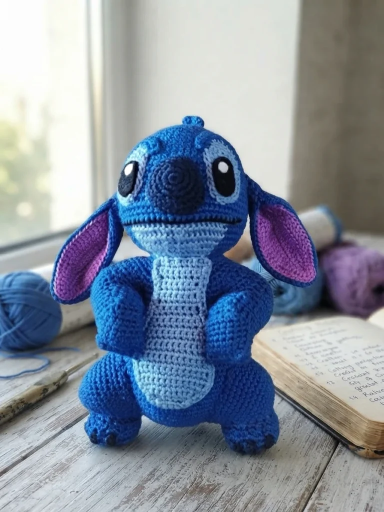 A blue crocheted character plush with a light-blue belly and purple inner ears, seated on a wooden table beside yarn and a notebook.