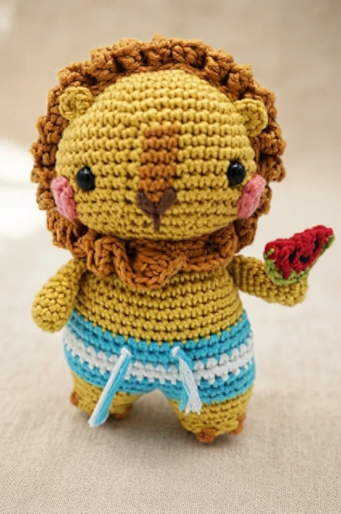Crochet amigurumi lion with brown mane, pink cheeks and blue striped swim trunks holding a crochet watermelon slice.