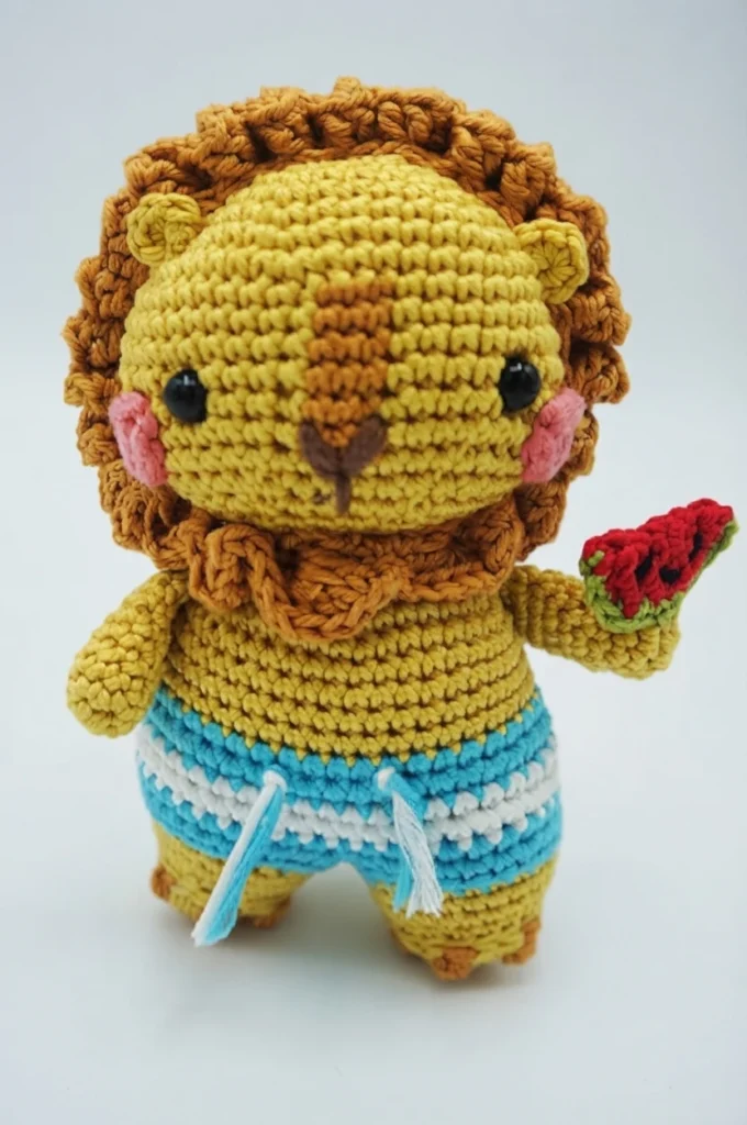 Crochet amigurumi lion with a brown mane wearing blue and white striped swim trunks, holding a small watermelon slice.