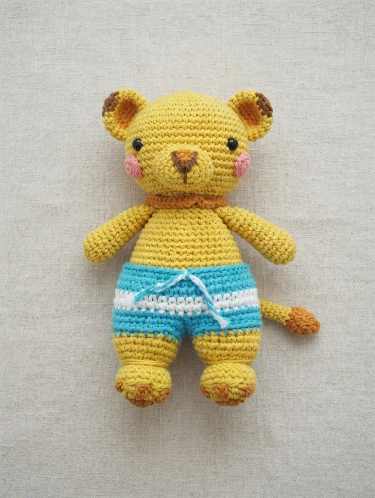 Crocheted yellow amigurumi lion in blue and white striped swim shorts with a drawstring, photographed lying flat on a beige linen fabric.