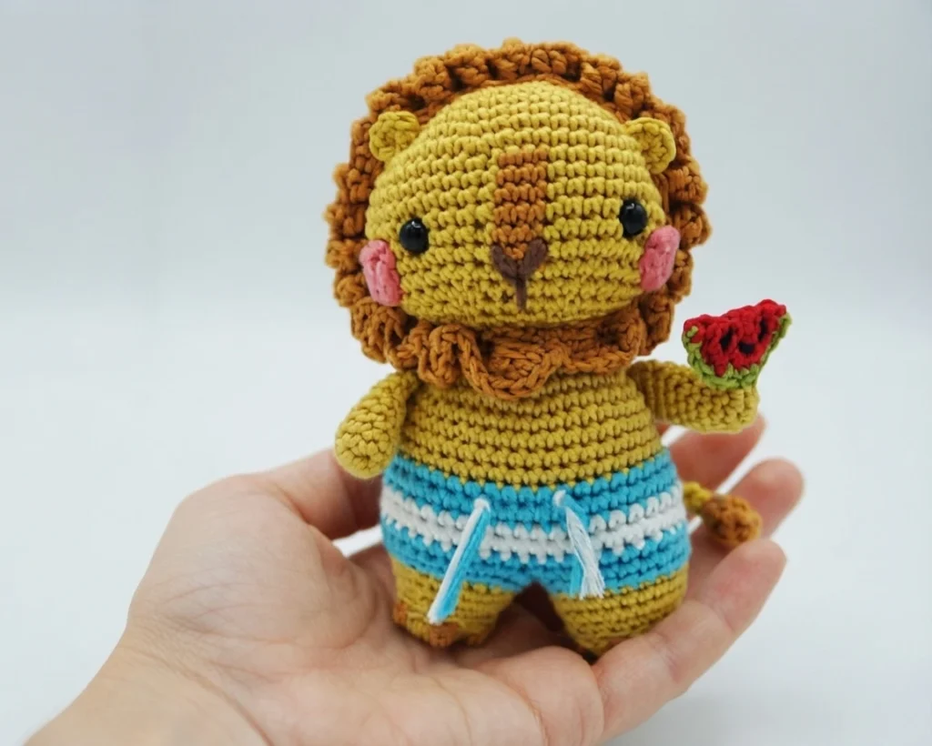 A crochet amigurumi lion wearing blue and white striped swim shorts and holding a small crocheted watermelon slice, held in a person's hand against a white background.
