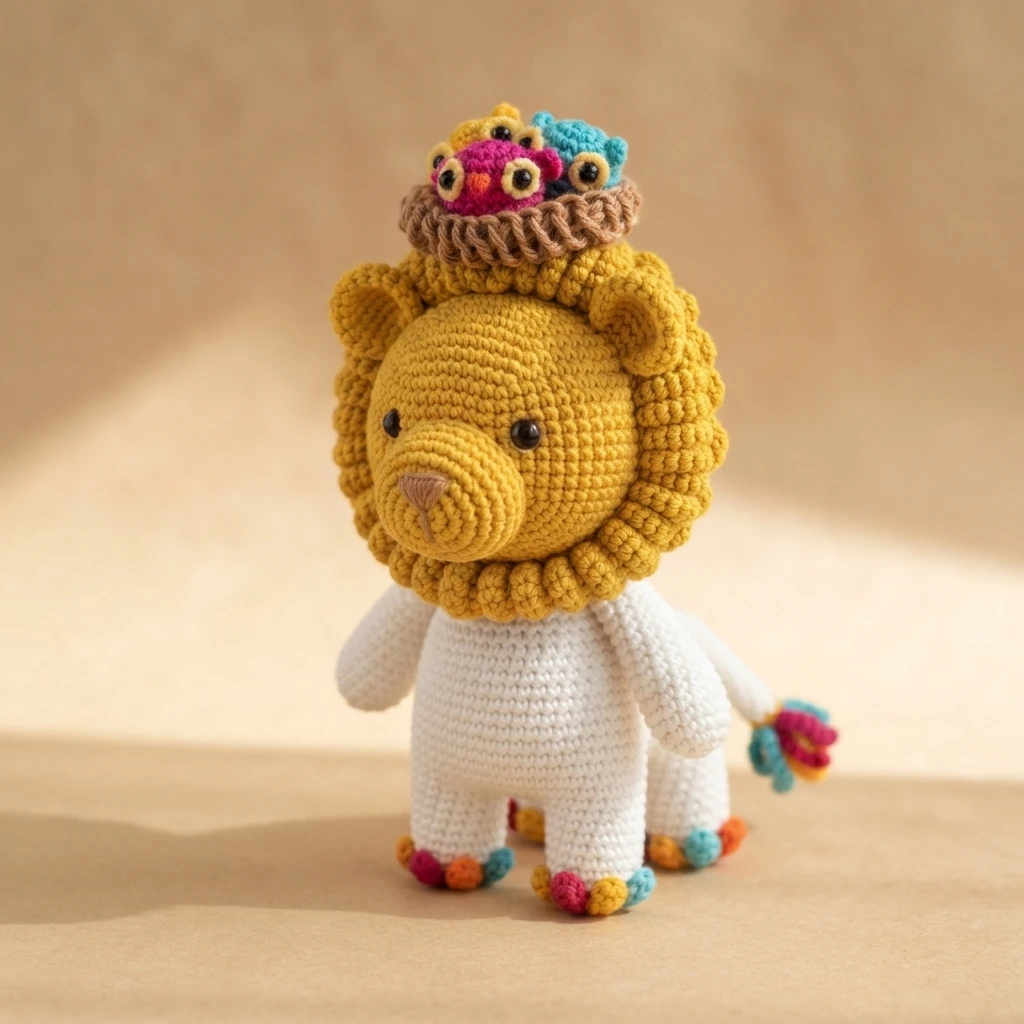 Crocheted yellow lion amigurumi with a white body and colorful pompom feet, carrying a nest of tiny multicolor crocheted owls on its head