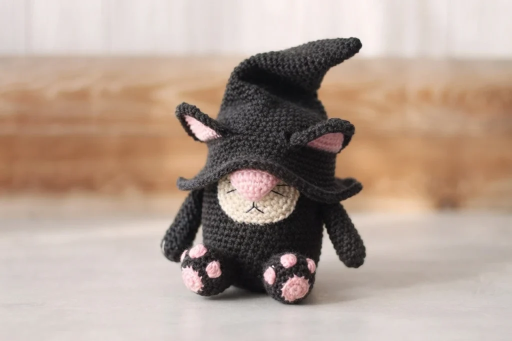 A crocheted black cat gnome with a tall black pointed hat, pink inner ears, a cream muzzle, a pink nose, embroidered whiskers and pink paw pads, sitting on a light surface in front of a blurred wooden background.