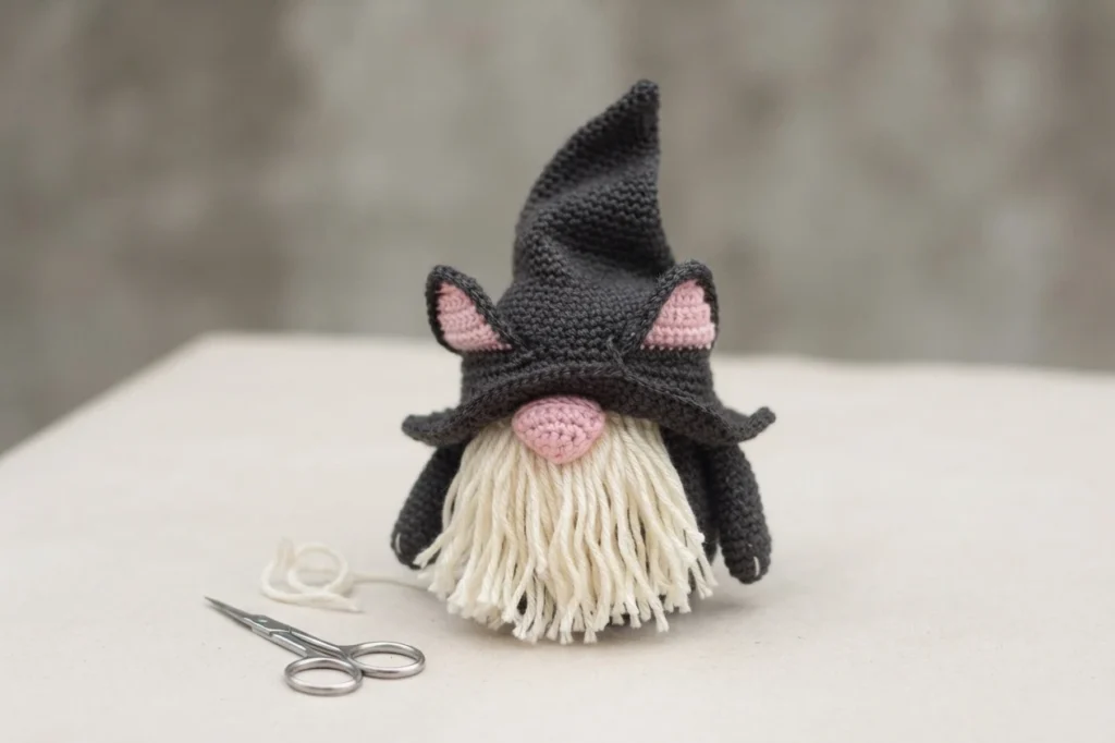 Crocheted cat gnome in dark grey with pink inner ears and pink nose, a long white yarn beard, seated on a white surface with small scissors and a strand of cream yarn nearby