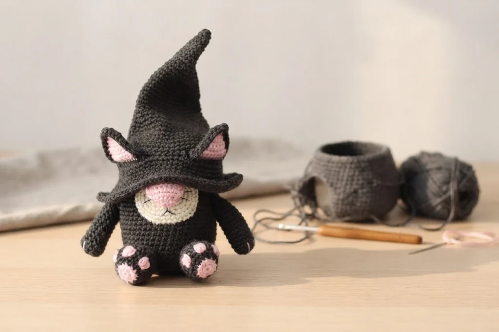 A single crochet cat gnome with a dark gray pointed hat, pink inner ears, a cream muzzle with a pink nose, and pink paw pads, sitting on a light wood table next to a ball of gray yarn, a wooden crochet hook, and an unfinished crocheted bask