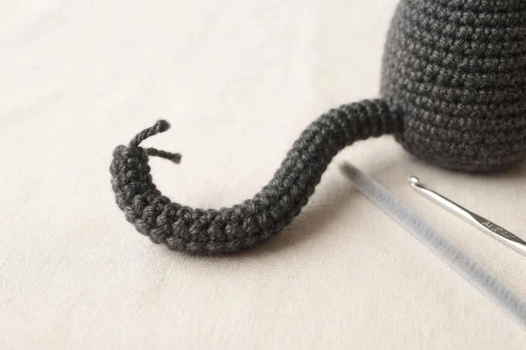 Dark grey crocheted cat gnome tail curving out from a round crocheted body, with a grey pipe cleaner and a metal crochet hook resting on a light cloth beside it.