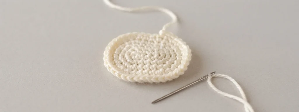 Crocheted cream oval muzzle piece with a long yarn tail, resting beside a threaded tapestry needle on a plain light gray surface.