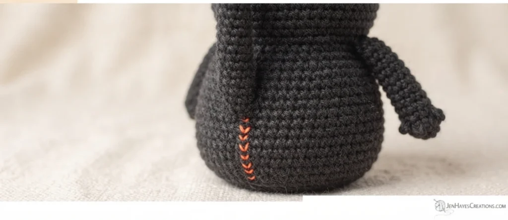 Close-up of a dark charcoal crocheted amigurumi body with a small tail joined at the side, a vertical line of orange yarn marking the seam, resting on light fabric.