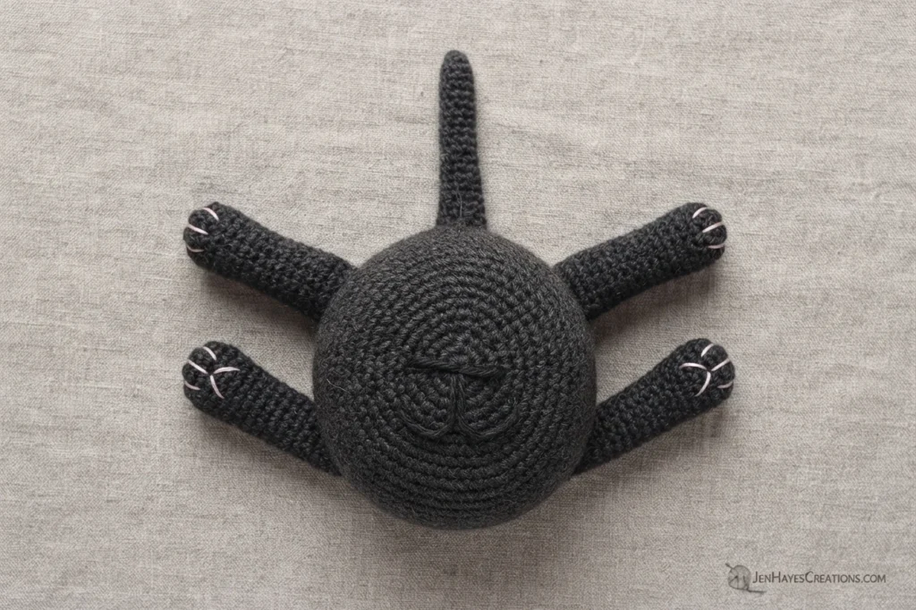 Dark grey crocheted gnome body seen from above, with two arms, two legs and a tail joined to a round torso, small light stitches on the paws, laid flat on a grey fabric background.