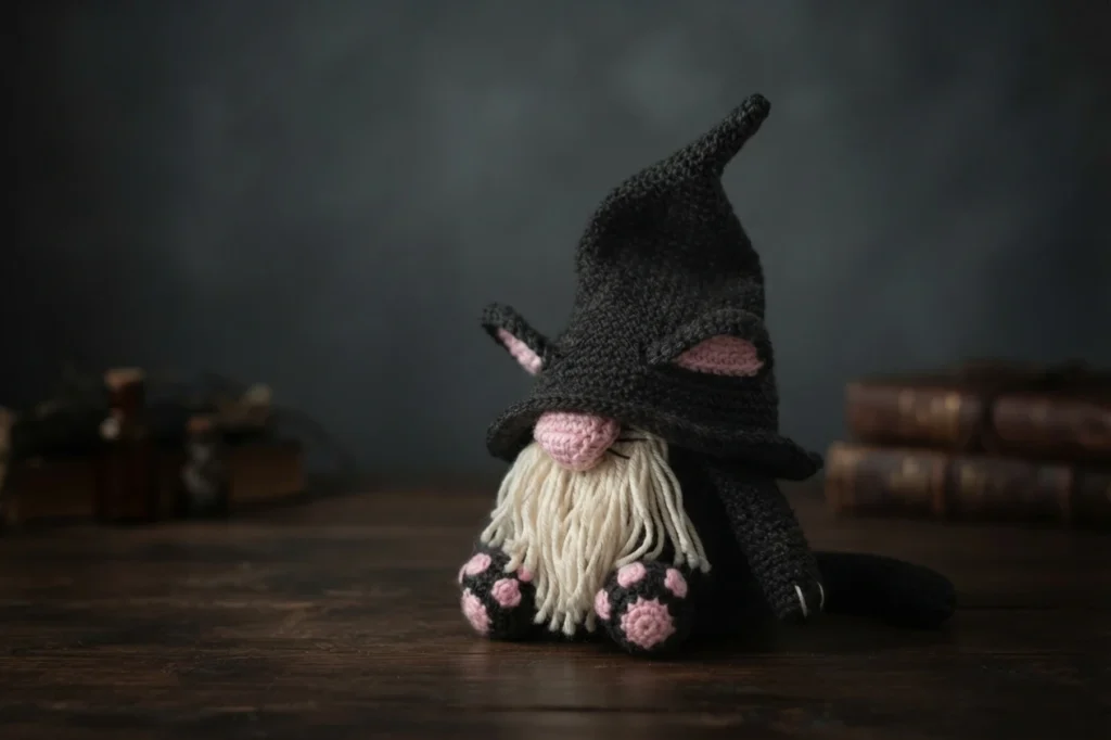 Crocheted black cat gnome with a tall pointed hat, pink inner ears, pink nose, cream beard and pink paw pads, sitting on a dark wooden surface with blurred books behind it.