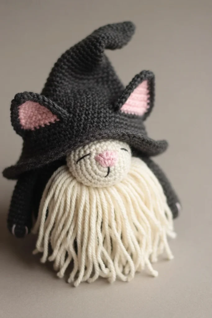 Crochet cat gnome photographed close up against a plain gray background: dark charcoal pointed hat with two pink lined cat ears, cream muzzle with pink nose and stitched closed eyes, and a long cream yarn beard covering the body.