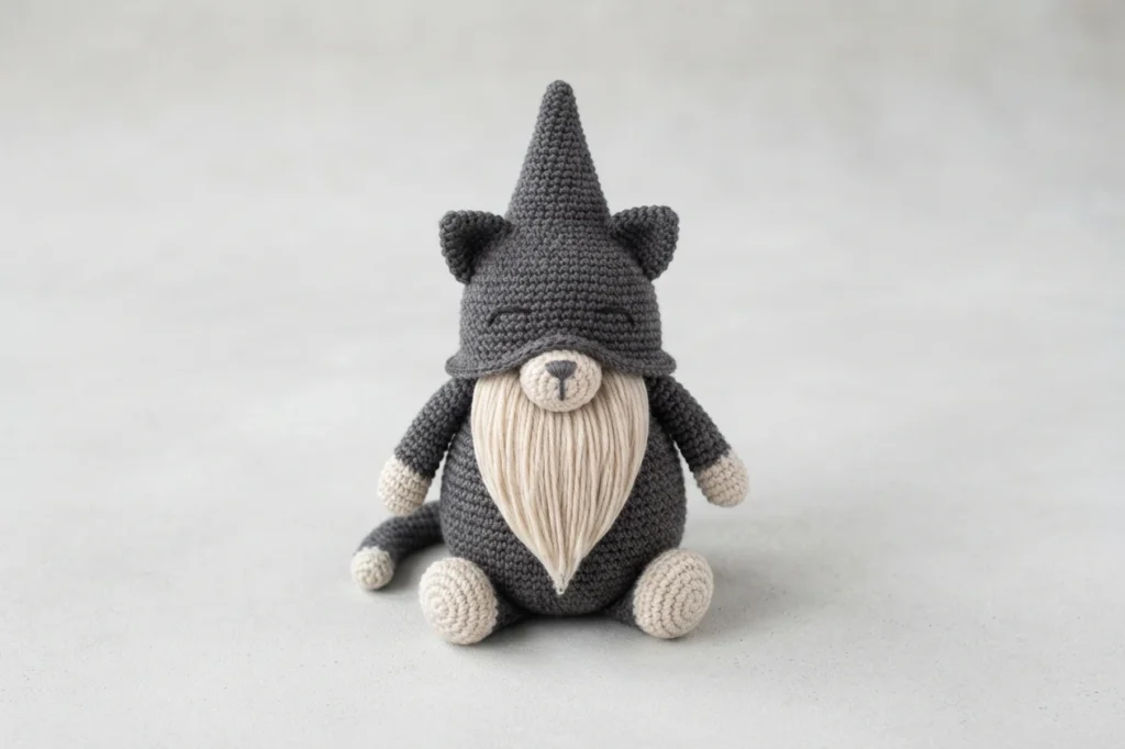 A single gray crochet cat gnome sitting on a plain light gray surface, wearing a pointed hat with two cat ears, a white muzzle and a long white beard, with cream colored paws and tail tip.