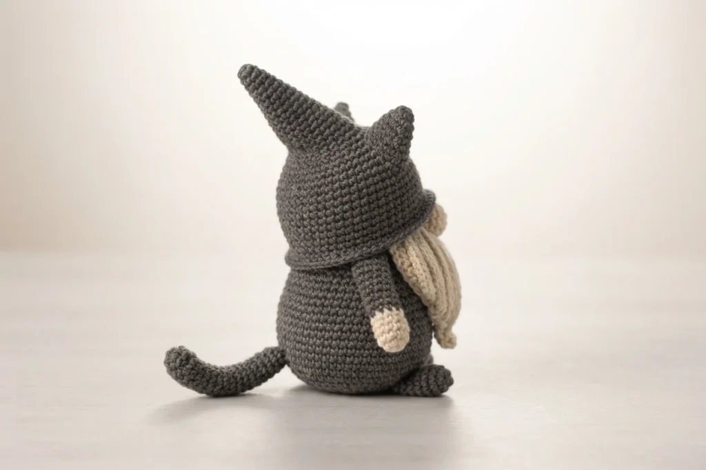 Crochet gray cat gnome photographed from behind on a plain light background, showing a pointed hat, a small ear, a cream colored beard and a curved tail.