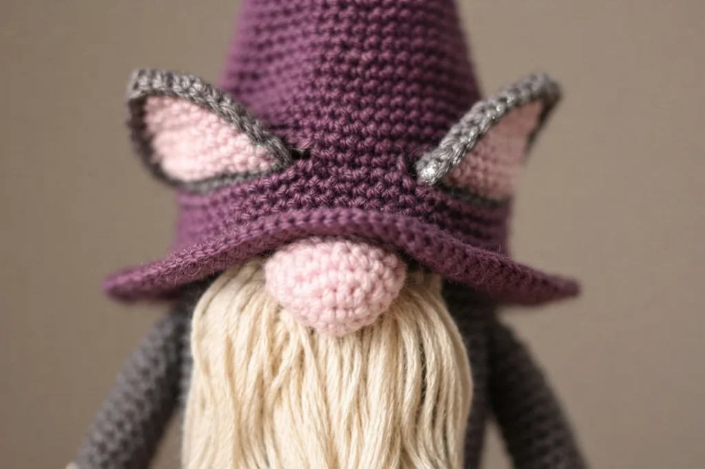 Close-up of a crochet cat gnome with a purple pointed hat, grey-trimmed pink ears, a pink nose and a long cream yarn beard, photographed against a plain brown background.