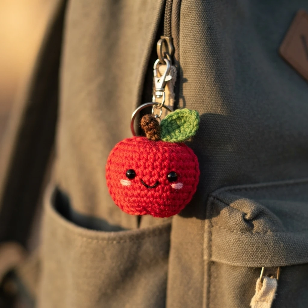 Crocheted red apple keychain with a green leaf, brown stem, black bead eyes and pink cheeks, attached to a metal ring clipped to a backpack zipper