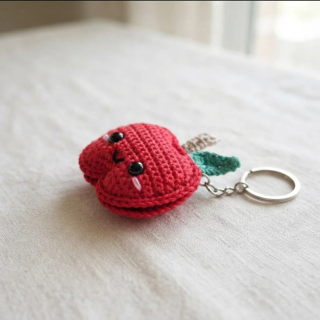 Red crocheted apple keychain with black safety eyes, pink cheek stitches and a small black mouth, a brown stem and a teal leaf on the right, attached by a chain to a silver keyring and resting on light fabric.
