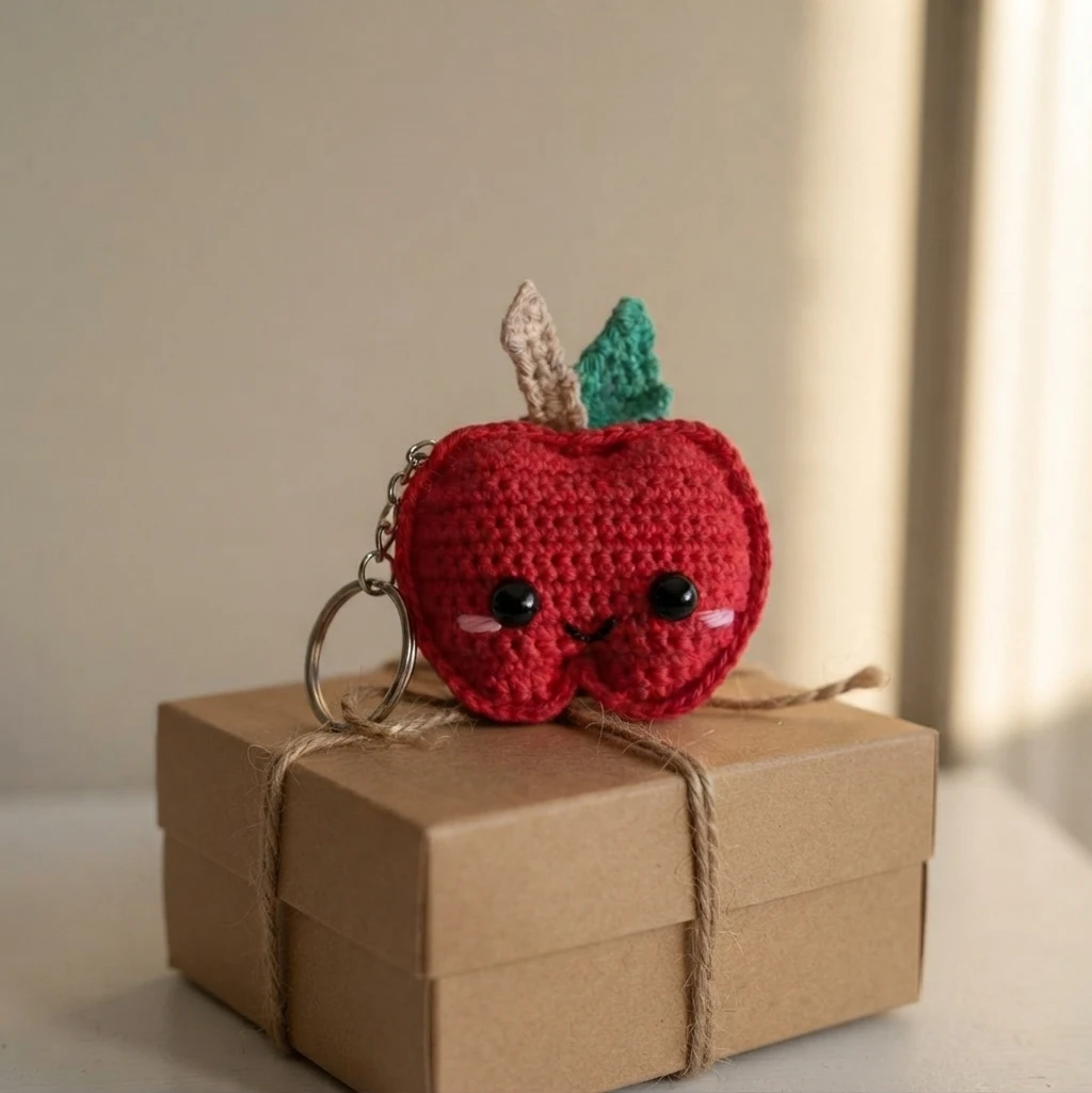 Crocheted red apple keychain with black safety eyes, pale pink cheeks and a small stitched smile, topped with a tan stem and a green leaf, attached to a metal keyring and resting on a kraft paper gift box tied with twine.
