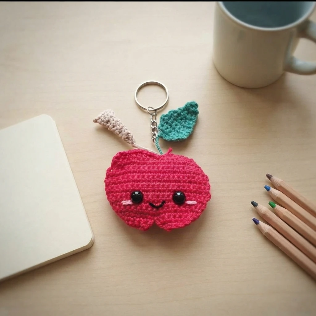 Crocheted pink apple keychain with black safety eyes, pink cheeks and a stitched smile, topped with a beige stem and a teal leaf, attached to a metal keyring and resting on a wooden desk beside pencils, a closed notebook and a mug.