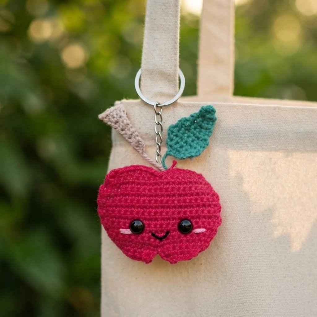 Crocheted pink apple keychain with a smiling face, black eyes, pink cheeks, brown stem and green leaf, hanging from a metal keyring on the strap of a canvas tote bag against a blurred green outdoor background.