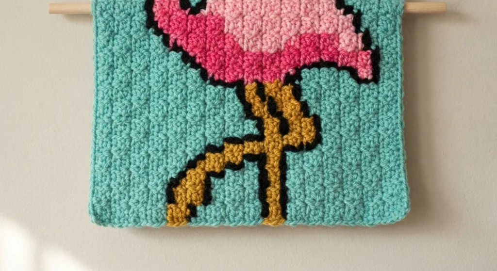 Crocheted corner to corner wallhanging hanging from a wooden dowel, showing a pink flamingo body and mustard yellow legs outlined in black on a teal background