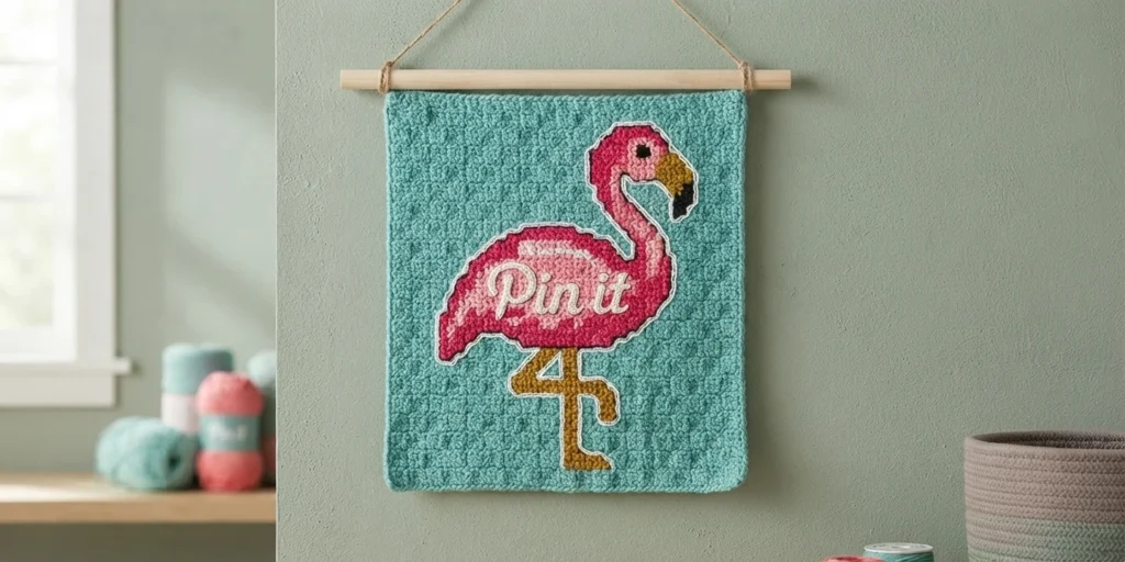 Crocheted teal wall hanging with a pink flamingo motif hanging from a wooden dowel by a cord on a green wall, with yarn skeins and a woven basket in the background.
