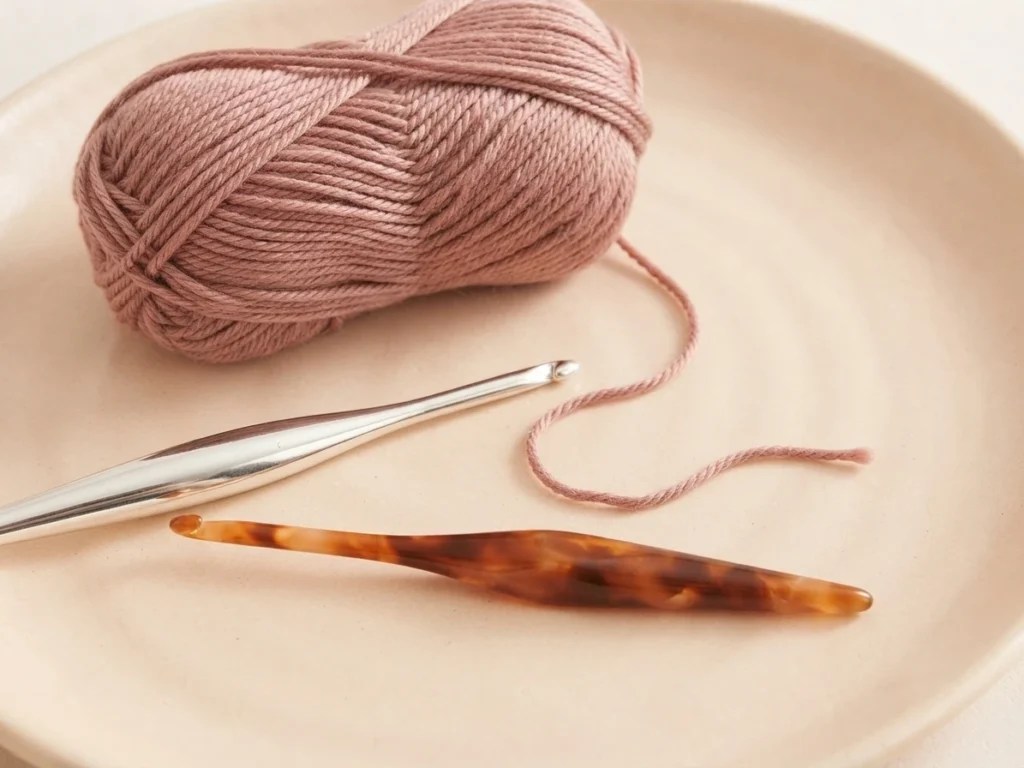 Flat lay of a mauve yarn ball on a beige plate with a silver crochet hook and a tortoiseshell hook