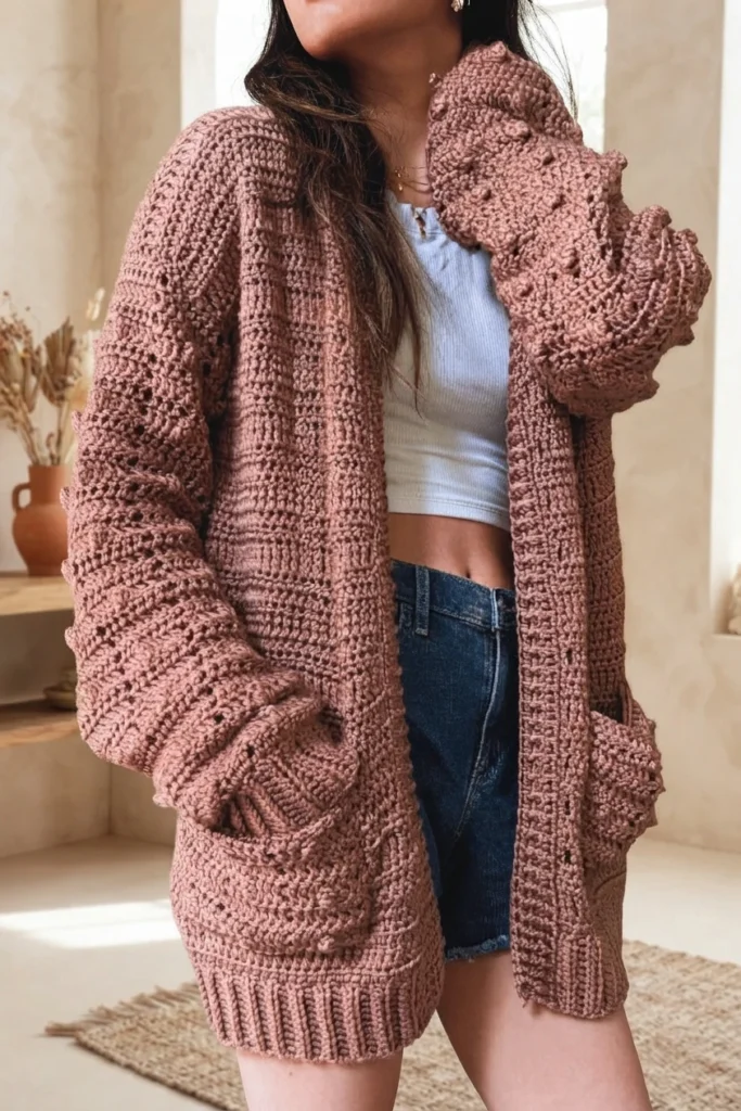 Model wearing an oversized dusty rose crochet cardigan with ribbed cuffs and hem over a white crop top and denim shorts, standing in a room with dried flowers in a vase and a woven rug