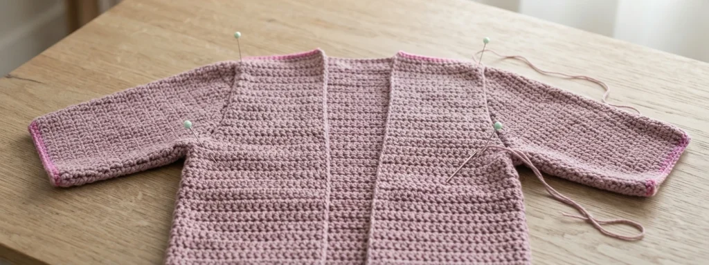 Pink crocheted cardigan laid flat on a wooden table, pinned at the shoulders and sides during assembly
