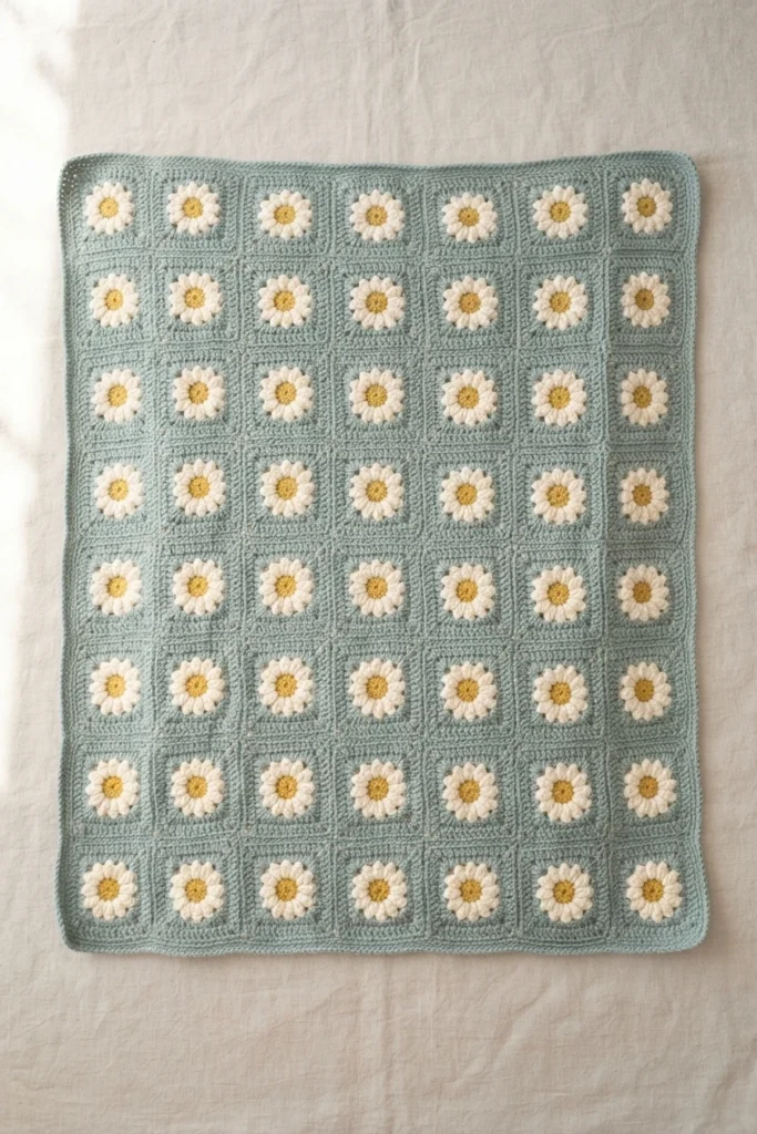 Crocheted baby blanket made of daisy granny squares with ivory petals and yellow centers framed in light blue, laid flat on a cream fabric surface.