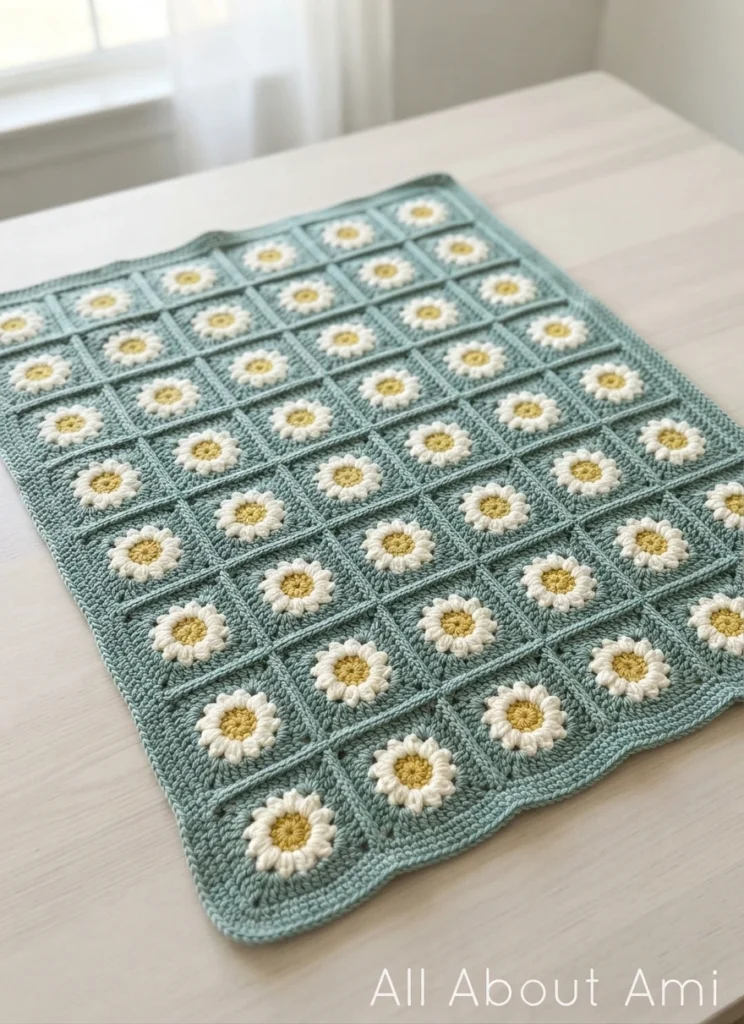 Finished sage green crochet baby blanket made of daisy granny squares with ivory petals and yellow centers, laid flat on a light wooden table near a window