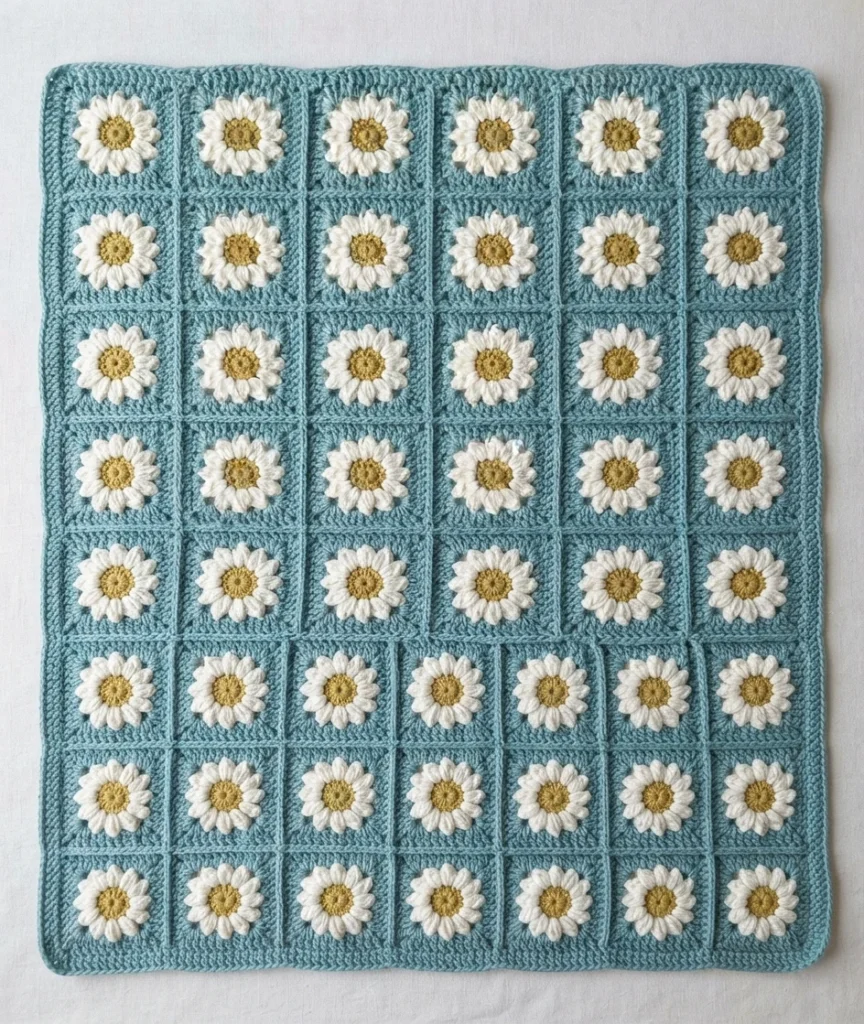 Vue à plat d'une couverture bébé crochetée composée de granny squares motif marguerite, pétales blancs et cœurs jaunes sur fond bleu pâle, carrés assemblés par coutures visibles avec une bordure au point de glissement.