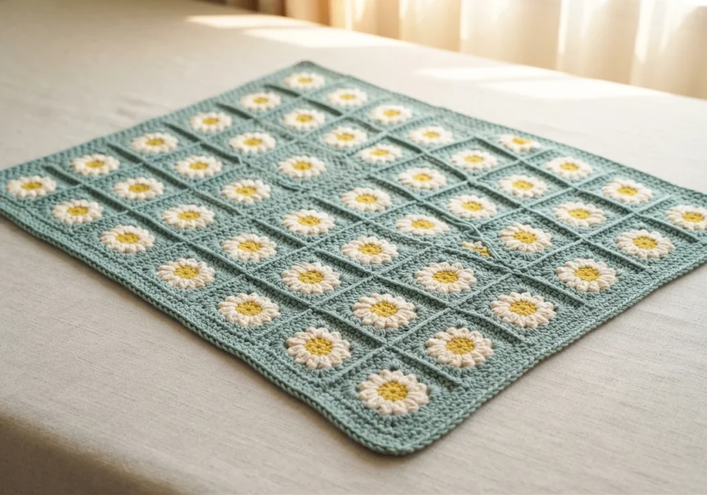 Finished sage green crochet blanket made of daisy granny squares with ivory petals and yellow centers, laid flat on a pale surface with a border around the edge.