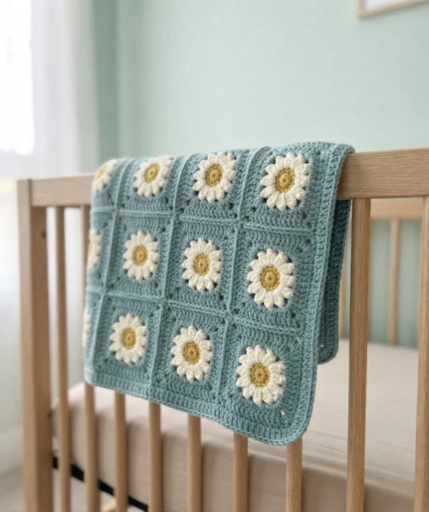 Crocheted baby blanket made of sage blue granny squares, each centred with a white daisy and yellow middle, draped over the wooden rail of a crib in a nursery with a pale green wall