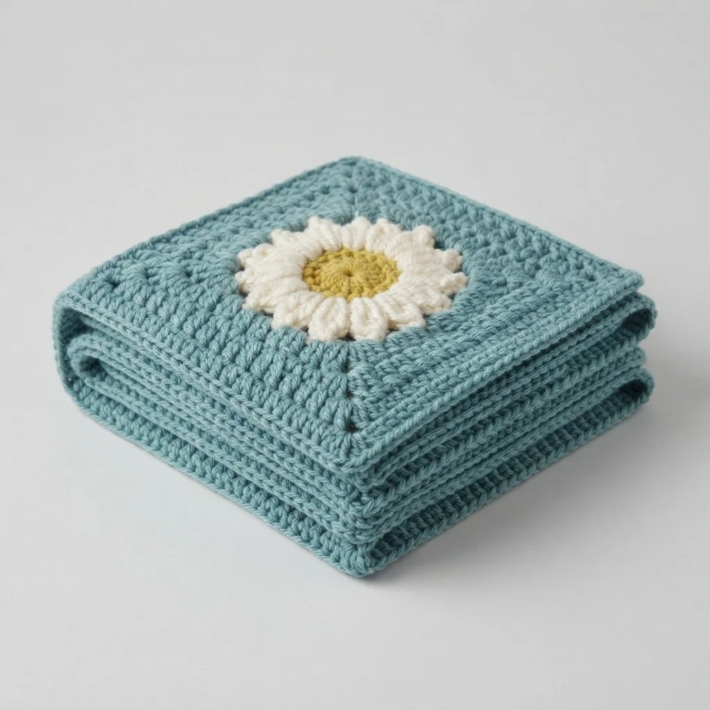 Folded crocheted blanket in soft blue-green yarn, showing one white daisy motif with a yellow center on the top square and stacked layers of the folded fabric at the front edge.
