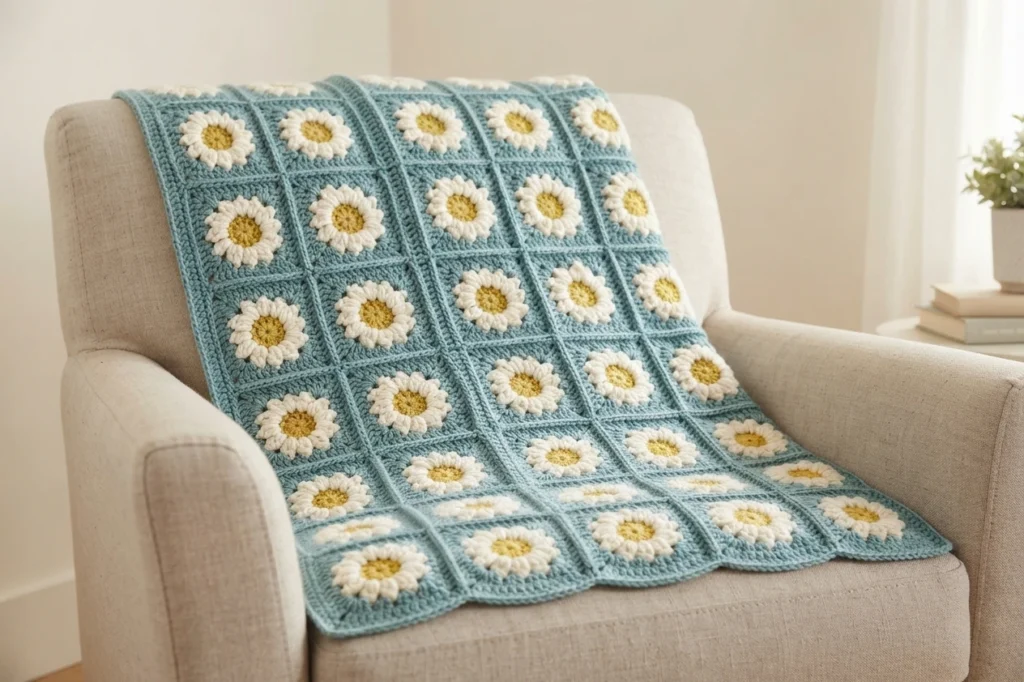 A crocheted daisy granny square blanket in sage blue with white petals and yellow centers, draped over a beige armchair in a bright room with a plant and stacked books nearby.