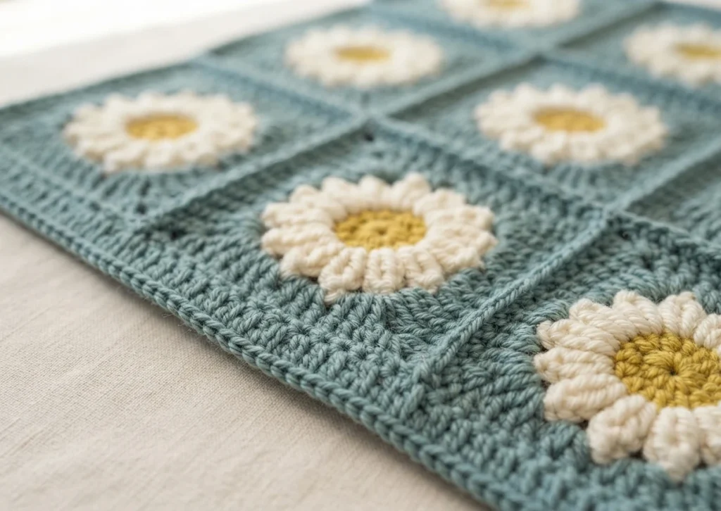 Close-up of a sage green crochet blanket made of daisy granny squares, each with ivory petals around a yellow center, shown at an angle on a light surface with the border and seams between squares visible.