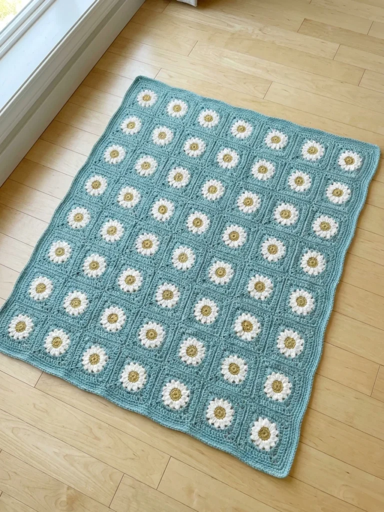 Finished crocheted baby blanket made of daisy granny squares with white petals and gold centers on a teal background, laid flat on a light wood floor beside a window.