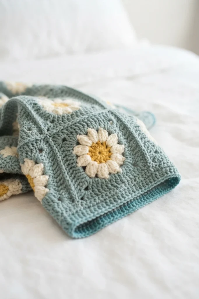 Folded crochet blanket made of sage green granny squares, each with a white daisy and a yellow center, draped over a white bed.