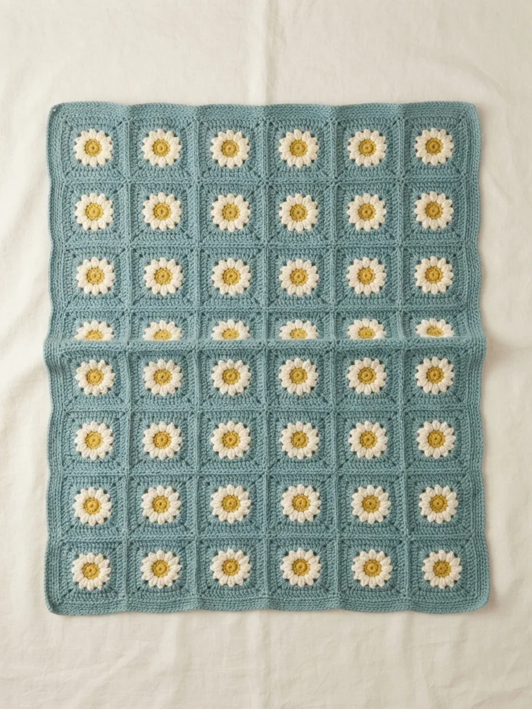 Flat lay of a sage green crochet granny square blanket with white daisy motifs and yellow centers, arranged in a grid on a white fabric surface.
