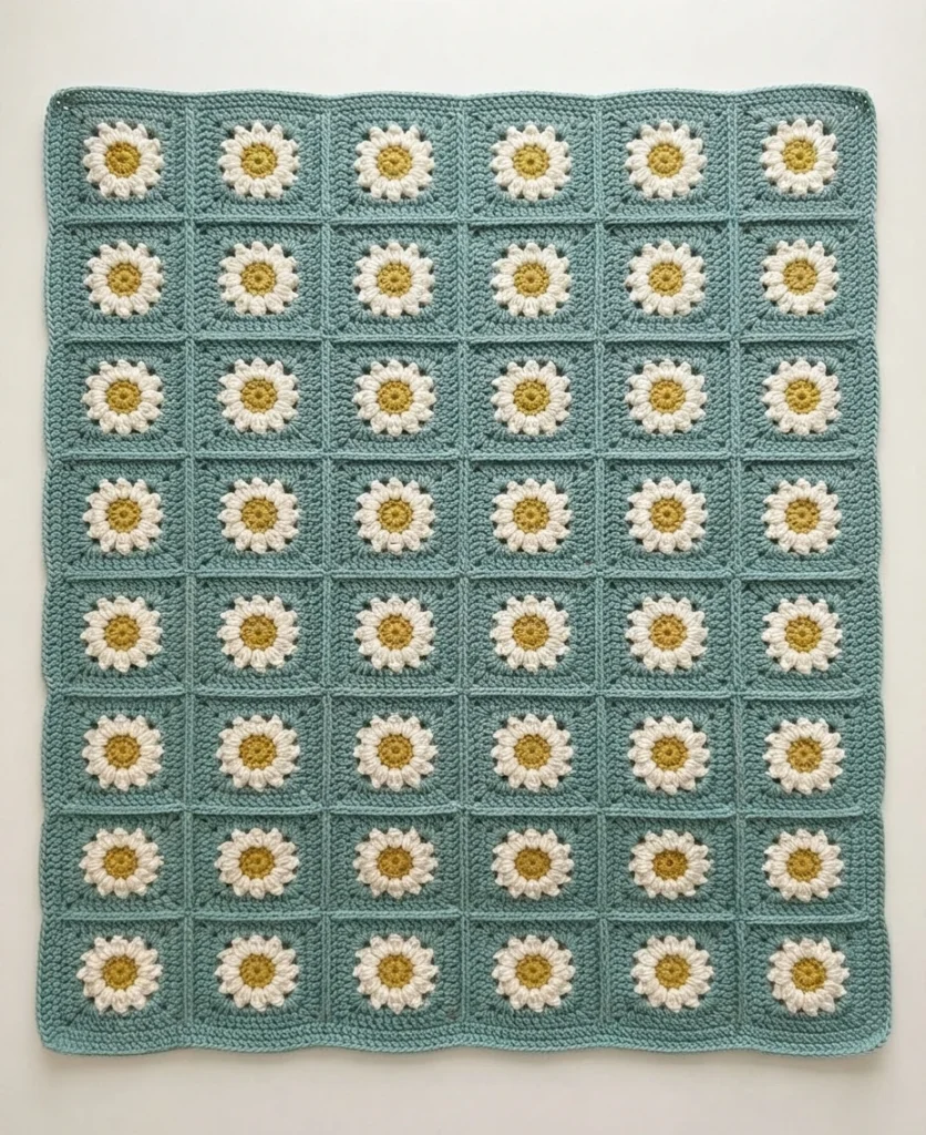 Finished crochet granny square blanket in sage green with white daisy petals and yellow centers, laid flat in a grid, showing a simple border.