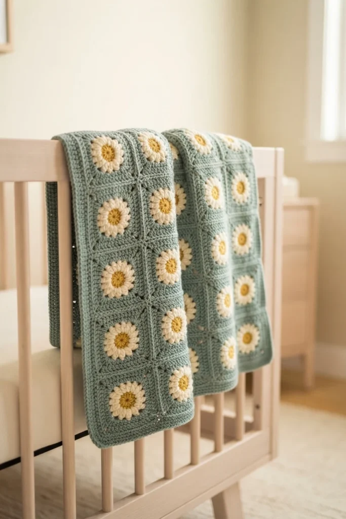 Sage green crochet granny square blanket with white daisy petals and yellow centers, folded and draped over the rail of a light wood crib in a nursery.