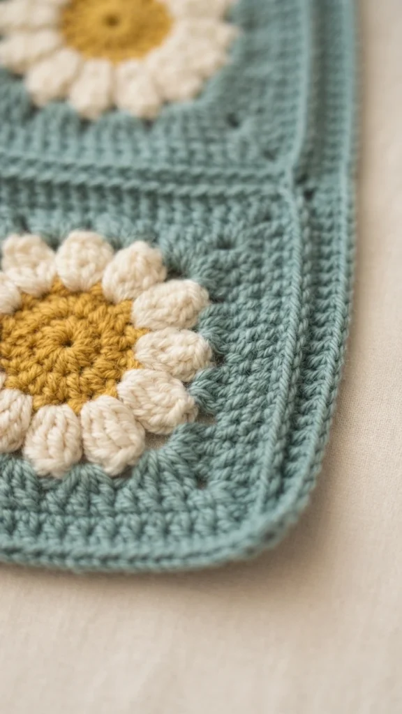 Close-up of the corner of a crocheted daisy granny square blanket in soft teal yarn, with ivory petal clusters around a golden yellow flower center and a dense slip stitch border along the edge.