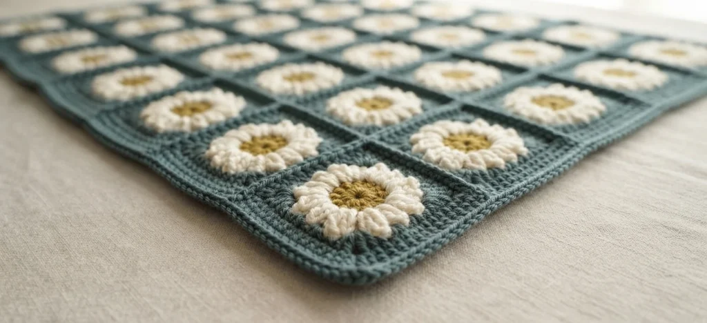 Crocheted daisy granny square blanket in teal with cream petal motifs and mustard centers, shown laid flat on a bed, with a border visible along the edge.