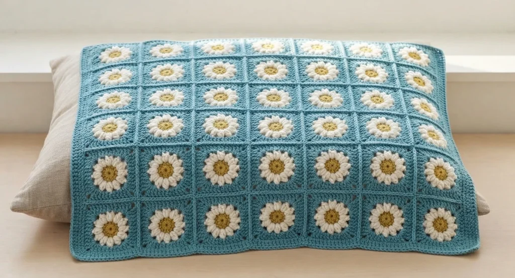Crocheted daisy granny square blanket in turquoise yarn with white petals and yellow centers, laid over a beige cushion on a wooden bench near a window.