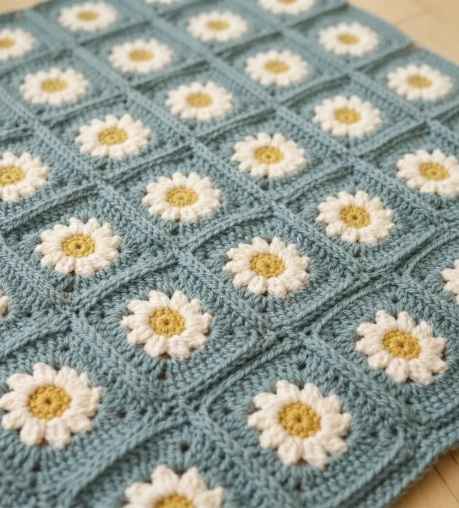 Close-up of a crocheted granny square blanket with white daisy motifs and yellow centers on a blue-gray background, showing the seams between assembled squares.