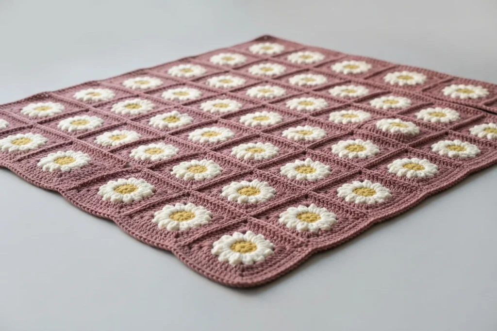 A dusty rose crocheted granny square blanket with white daisy petals and yellow centers, laid flat on a pale surface and photographed at a slight angle.
