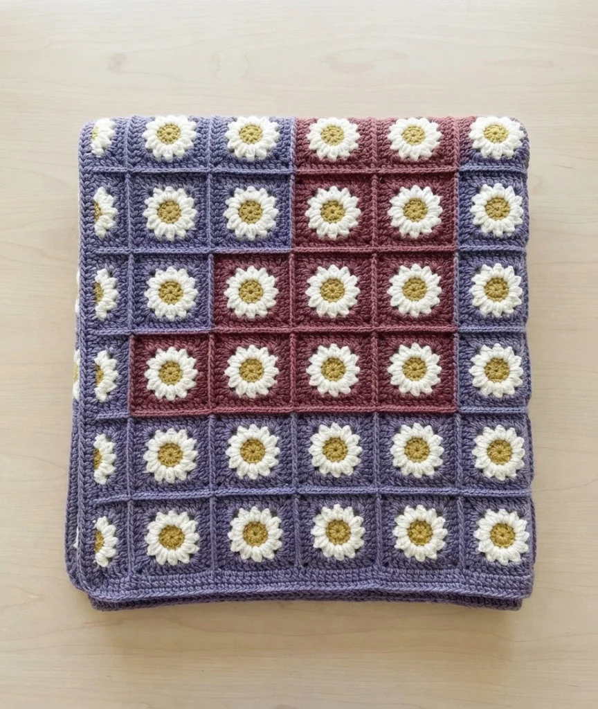 Folded crochet blanket made of granny squares, each with a white daisy motif and a gold center, framed in lavender and a central block of mauve squares, resting flat on a light wood surface.
