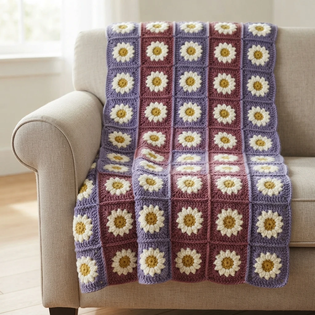 Crochet blanket made of daisy granny squares with cream petals and mustard centers, alternating purple and dusty rose backgrounds, draped over a beige armchair beside a window.