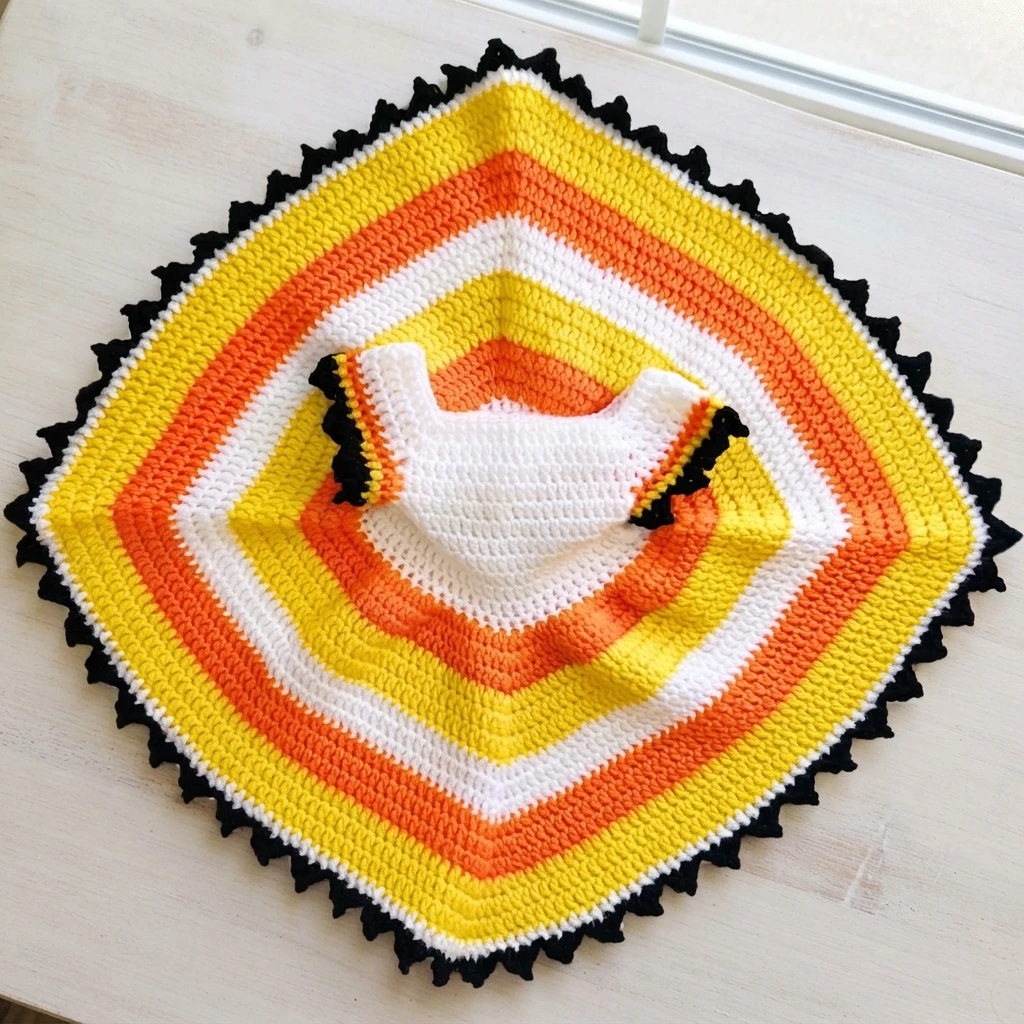 Robe de bébé au crochet à rayures blanches, orange et jaunes, avec une bordure noire festonnée, étalée à plat sur une surface claire.
